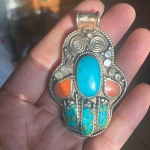 Hamsa Turquoise & Coral Tibetan Silver Necklace